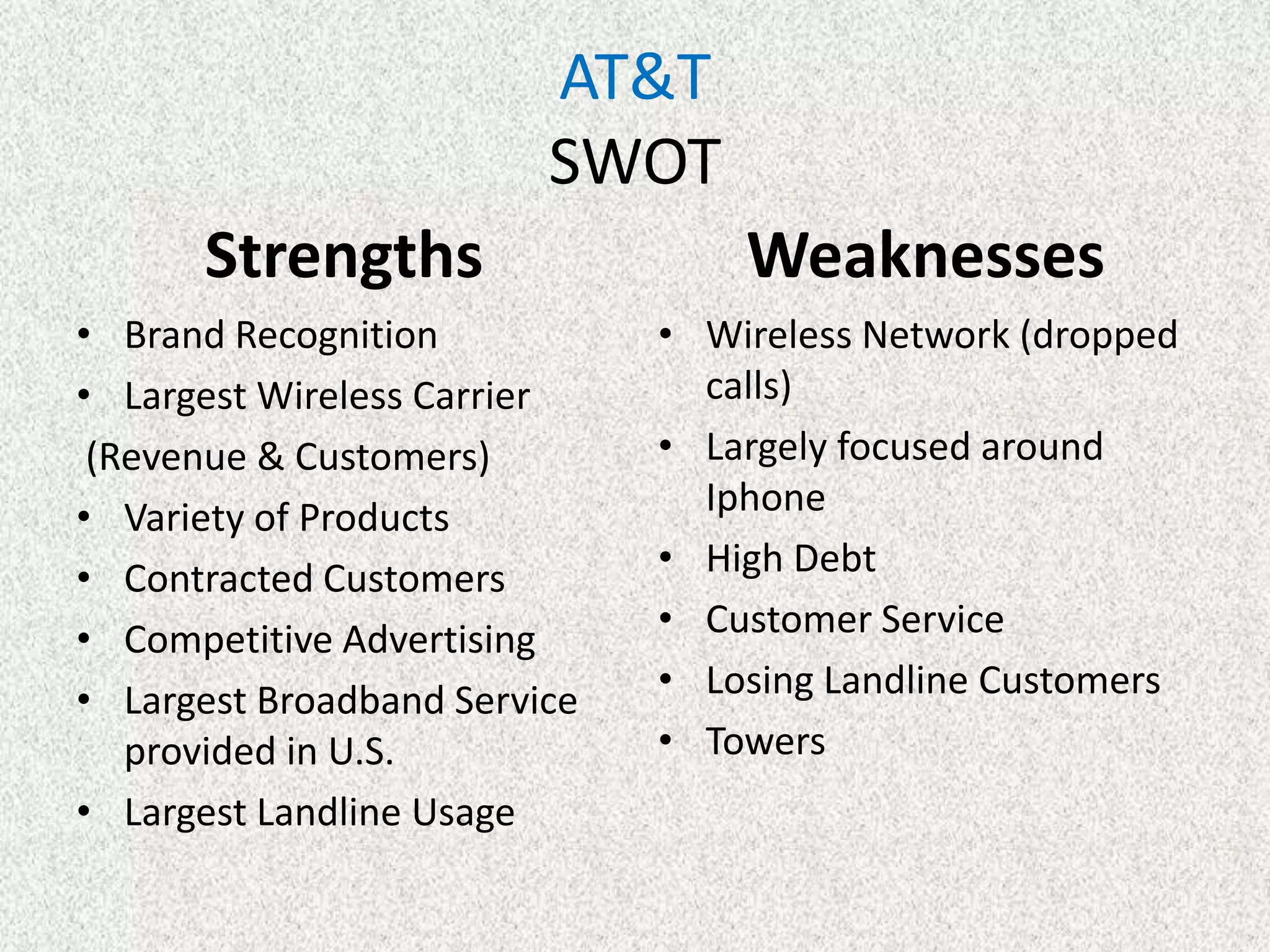 AT&T
                         SWOT
      Strengths                   Weaknesses
• Brand Recognition           • Wireless Network (dropped
• Largest Wireless Carrier      calls)
 (Revenue & Customers)        • Largely focused around
• Variety of Products           Iphone
• Contracted Customers        • High Debt
• Competitive Advertising     • Customer Service
• Largest Broadband Service   • Losing Landline Customers
   provided in U.S.           • Towers
• Largest Landline Usage
 