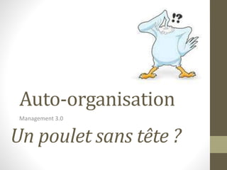 Auto-organisation
Management 3.0
Un poulet sans tête ?
 