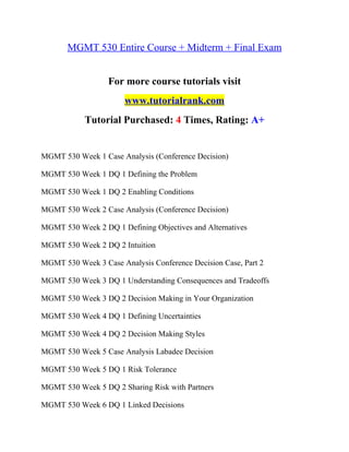 MGMT 530 Entire Course + Midterm + Final Exam
For more course tutorials visit
www.tutorialrank.com
Tutorial Purchased: 4 Times, Rating: A+
MGMT 530 Week 1 Case Analysis (Conference Decision)
MGMT 530 Week 1 DQ 1 Defining the Problem
MGMT 530 Week 1 DQ 2 Enabling Conditions
MGMT 530 Week 2 Case Analysis (Conference Decision)
MGMT 530 Week 2 DQ 1 Defining Objectives and Alternatives
MGMT 530 Week 2 DQ 2 Intuition
MGMT 530 Week 3 Case Analysis Conference Decision Case, Part 2
MGMT 530 Week 3 DQ 1 Understanding Consequences and Tradeoffs
MGMT 530 Week 3 DQ 2 Decision Making in Your Organization
MGMT 530 Week 4 DQ 1 Defining Uncertainties
MGMT 530 Week 4 DQ 2 Decision Making Styles
MGMT 530 Week 5 Case Analysis Labadee Decision
MGMT 530 Week 5 DQ 1 Risk Tolerance
MGMT 530 Week 5 DQ 2 Sharing Risk with Partners
MGMT 530 Week 6 DQ 1 Linked Decisions
 
