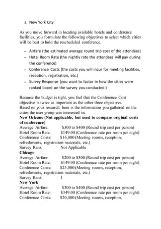 3. New York City
As you move forward in locating available hotels and conference
facilities, you formulate the following objectives to select which cities
will be best to hold the rescheduled conference.
 Airfare (the estimated average round trip cost of the attendees)
 Hotel Room Rate (the nightly rate the attendees will pay during
the conference)
 Conference Costs (the costs you will incur for meeting facilities,
reception, registration, etc.)
 Survey Response (you want to factor in how the cities were
ranked based on the survey you conducted.)
Because the budget is tight, you feel that the Conference Cost
objective is twice as important as the other three objectives.
Based on your research, here is the information you gathered on the
cities the user group was interested in.
New Orleans (Not applicable, but used to compare original costs
of conference)
Average Airfare: $300 to $400 (Round trip cost per person)
Hotel Room Rate: $149.00 (Conference rate per room per night)
Conference Costs: $16,000 (Meeting rooms, reception,
refreshments, registration materials, etc.)
Survey Rank Not Applicable
Chicago
Average Airfare: $200 to $300 (Round trip cost per person)
Hotel Room Rate: $149.00 (Conference rate per room per night)
Conference Costs: $25,000 (Meeting rooms, reception,
refreshments, registration materials, etc.)
Survey Rank 1
New York
Average Airfare: $300 to $400 (Round trip cost per person)
Hotel Room Rate: $349.00 (Conference rate per room per night)
Conference Costs: $20,000 (Meeting rooms, reception,
 