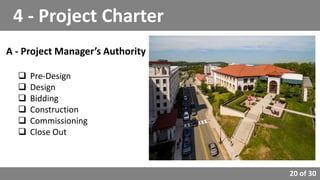 20 of 30
4 - Project Charter
A - Project Manager’s Authority
 Pre-Design
 Design
 Bidding
 Construction
 Commissioning
 Close Out
 