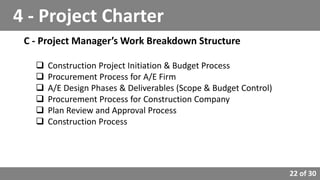 22 of 30
4 - Project Charter
C - Project Manager’s Work Breakdown Structure
 Construction Project Initiation & Budget Process
 Procurement Process for A/E Firm
 A/E Design Phases & Deliverables (Scope & Budget Control)
 Procurement Process for Construction Company
 Plan Review and Approval Process
 Construction Process
 