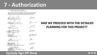 30 of 30
7 - Authorization
Example Sign Off Sheet
MAY WE PROCEED WITH THE DETAILED
PLANNING FOR THIS PROJECT?
 