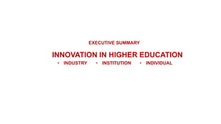 INNOVATION IN HIGHER EDUCATION
• INDIVIDUAL• INSTITUTION• INDUSTRY
EXECUTIVE SUMMARY
 