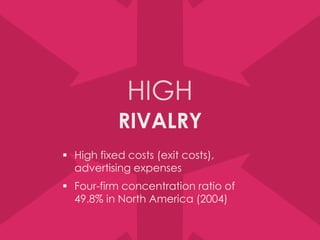 RIVALRY
 High fixed costs (exit costs),
advertising expenses
 Four-firm concentration ratio of
49.8% in North America (2004)
HIGH
 