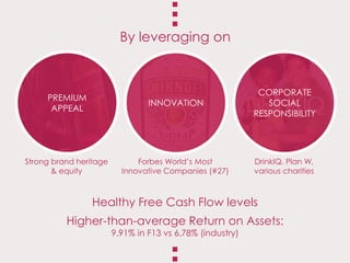 PREMIUM
APPEAL
CORPORATE
SOCIAL
RESPONSIBILITY
INNOVATION
Forbes World’s Most
Innovative Companies (#27)
Strong brand heritage
& equity
DrinkIQ, Plan W,
various charities
By leveraging on
Healthy Free Cash Flow levels
Higher-than-average Return on Assets:
9.91% in F13 vs 6.78% (industry)
 
