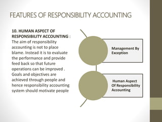FEATURES OF RESPONSIBILITY ACCOUNTING
10. HUMAN ASPECT OF
RESPONSIBILITY ACCOUNTING :
The aim of responsibility
accounting is not to place
blame. Instead it is to evaluate
the performance and provide
feed back so that future
operations can be improved .
Goals and objectives are
achieved through people and
hence responsibility accounting
system should motivate people
Management By
Exception
Human Aspect
Of Responsibility
Accounting
 