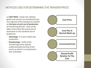 METHODS USED FOR DETERMINING THE TRANSFER PRICES
1. COST PRICE : Under this method
goods and services are transferred from
one segment of the company to another
on the basis of unit cost of production
of transferring division . Cost can be
taken to be either the actual cost of
production or the standard cost of
production.
• Advantage : It is very simple and
convenient.
• Disadvantage : Profit of the
transferring centre shall be
underestimated and that of the
centre to which it is transferred is
over estimated.
Cost Price
Cost Plus A
Normal Mark-up
Incremental Cost
Shared Profit
Relative To The
Cost
 