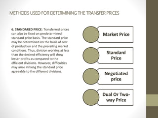 METHODS USED FOR DETERMINING THE TRANSFER PRICES
6. STANDARED PRICE: Transferred prices
can also be fixed on predetermined
standard price basis. The standard price
may be determined on the basis of cost
of production and the prevailing market
conditions. Thus, division working at less
than the desired efficiency will show
lesser profits as compared to the
efficient divisions. However, difficulties
may arise infixing the standard price
agreeable to the different divisions.
Market Price
Standard
Price
Negotiated
price
Dual Or Two-
way Price
 