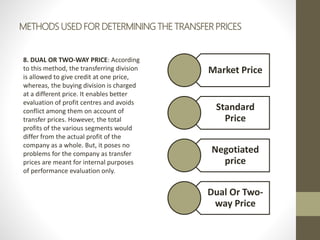 METHODS USED FOR DETERMINING THE TRANSFER PRICES
8. DUAL OR TWO-WAY PRICE: According
to this method, the transferring division
is allowed to give credit at one price,
whereas, the buying division is charged
at a different price. It enables better
evaluation of profit centres and avoids
conflict among them on account of
transfer prices. However, the total
profits of the various segments would
differ from the actual profit of the
company as a whole. But, it poses no
problems for the company as transfer
prices are meant for internal purposes
of performance evaluation only.
Market Price
Standard
Price
Negotiated
price
Dual Or Two-
way Price
 