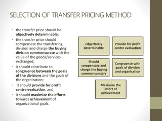 SELECTION OF TRANSFER PRICING METHOD
• the transfer price should be
objectively determinable;
• the transfer price should
compensate the transferring
division and charge the buying
division commensurate with the
value of the goods/services
exchanged;
• it should contribute to
congruence between the goals
of the divisions and the goals of
the organization;
• it should provide for profit
centre evaluation; and
• it should maximize the efforts
towards achievement of
organizational goals.
Objectively
determinable
Provide for profit
centre evaluation
Should
compensate and
charge the buying
commensurately
Congruence with
goals of division
and organisation
Maximize the
effort of
achievement
 