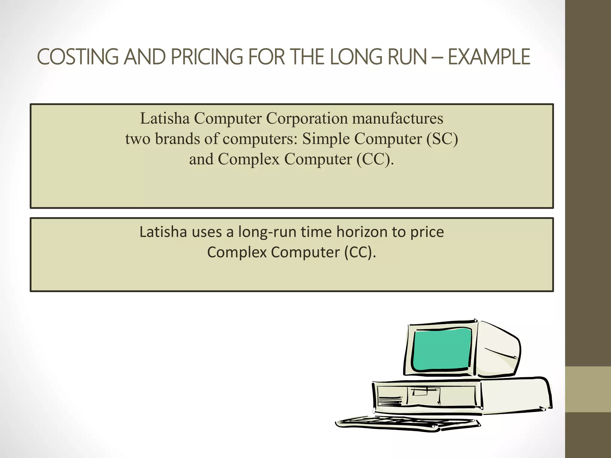 COSTING AND PRICING FOR THE LONG RUN – EXAMPLE
Latisha Computer Corporation manufactures
two brands of computers: Simple Computer (SC)
and Complex Computer (CC).
Latisha uses a long-run time horizon to price
Complex Computer (CC).
 