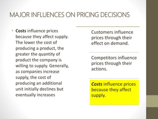 MAJOR INFLUENCES ON PRICING DECISIONS
• Costs influence prices
because they affect supply.
The lower the cost of
producing a product, the
greater the quantity of
product the company is
willing to supply. Generally,
as companies increase
supply, the cost of
producing an additional
unit initially declines but
eventually increases
Customers influence
prices through their
effect on demand.
Competitors influence
prices through their
actions.
Costs influence prices
because they affect
supply.
 