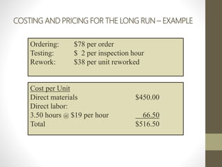 COSTING AND PRICING FOR THE LONG RUN – EXAMPLE
Ordering: $78 per order
Testing: $ 2 per inspection hour
Rework: $38 per unit reworked
Cost per Unit
Direct materials $450.00
Direct labor:
3.50 hours @ $19 per hour 66.50
Total $516.50
 