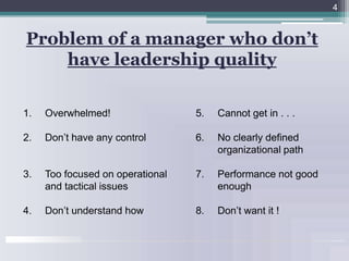 4Overwhelmed!Don’t have any controlToo focused on operational and tactical issuesDon’t understand how5.	Cannot get in . . .No clearly defined organizational pathPerformance not good enoughDon’t want it !Problem of a manager who don’t have leadership quality 
