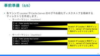 事前準備（6/6）
 各マシンで Locator や Cache Server のログや永続化ディスクストアを格納する
ディレクトリを作成します。
– サーバーマシン 1（machine1）
– サーバーマシン 2（machine2）
13
$ cd /home/geode/mycluster
$ mkdir locator1
$ mkdir server1
$ cd /home/geode/mycluster
$ mkdir locator2
$ mkdir server2
locator1 が Locator 1 用のディレ
クトリ、server1 が Cache Server
1 用のディレクトリとします。
locator2 が Locator 2 用のディレ
クトリ、server2 が Cache Server
1 用のディレクトリとします。
 