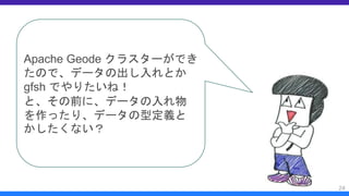 24
Apache Geode クラスターができ
たので、データの出し入れとか
gfsh でやりたいね！
と、その前に、データの入れ物
を作ったり、データの型定義と
かしたくない？
 