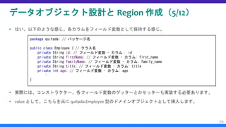 データオブジェクト設計と Region 作成（5/12）
 はい、以下のような感じ。各カラムをフィールド変数として保持する感じ。
 実際には、コンストラクター、各フィールド変数のゲッターとかセッターも実装する必要あります。
 value として、こちらを元に quitada.Employee 型のドメインオブジェクトとして挿入します。
29
package quitada; // パッケージ名
public class Employee { // クラス名
private String id; // フィールド変数 – カラム： id
private String firstName; // フィールド変数 – カラム: first_name
private String familyName; // フィールド変数 – カラム: family_name
private String title; // フィールド変数 – カラム: title
private int age; // フィールド変数 – カラム: age
:
}
 