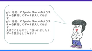 gfsh を使って Apache Geode のクラス
ターを構築してデータ投入してみま
す！
gfsh を使って Apache Geode のクラス
ターを構築してデータ投入してみま
す！
大切なことなので、二度いいました！
データ設計もしてみます！
4
 