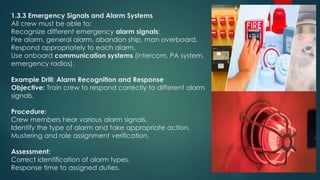 1.3.3 Emergency Signals and Alarm Systems
All crew must be able to:
Recognize different emergency alarm signals:
Fire alarm, general alarm, abandon ship, man overboard.
Respond appropriately to each alarm.
Use onboard communication systems (intercom, PA system,
emergency radios).
Example Drill: Alarm Recognition and Response
Objective: Train crew to respond correctly to different alarm
signals.
Procedure:
Crew members hear various alarm signals.
Identify the type of alarm and take appropriate action.
Mustering and role assignment verification.
Assessment:
Correct identification of alarm types.
Response time to assigned duties.
 