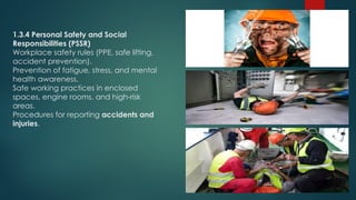 1.3.4 Personal Safety and Social
Responsibilities (PSSR)
Workplace safety rules (PPE, safe lifting,
accident prevention).
Prevention of fatigue, stress, and mental
health awareness.
Safe working practices in enclosed
spaces, engine rooms, and high-risk
areas.
Procedures for reporting accidents and
injuries.
 