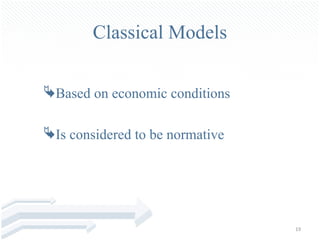 Classical Models

Based on economic conditions

Is considered to be normative




                                 19
 