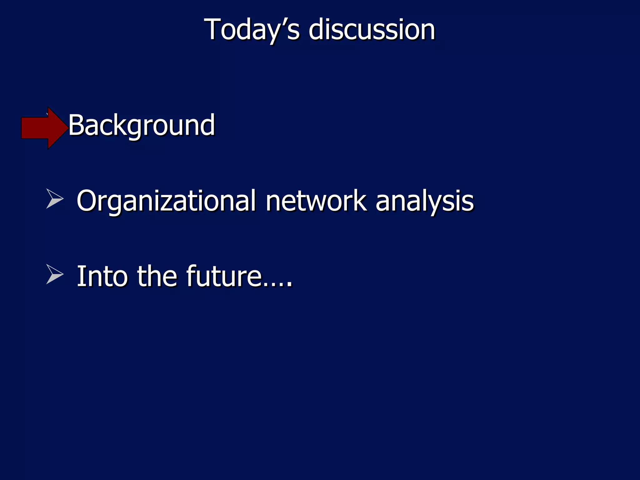 Today’s discussion


 Background

 Organizational network analysis

 Into the future….
 