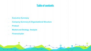Table of contents
2
1) Executive Summary
2) Company Summary & Organizational Structure
3) Product
4) Market and Strategy Analysis
5) Financial plan
 