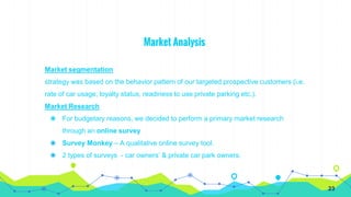 Market Analysis
Market segmentation
strategy was based on the behavior pattern of our targeted prospective customers (i.e.
rate of car usage, loyalty status, readiness to use private parking etc.).
Market Research
◉ For budgetary reasons, we decided to perform a primary market research
through an online survey
◉ Survey Monkey – A qualitative online survey tool.
◉ 2 types of surveys - car owners’ & private car park owners.
23
 