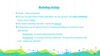 Marketing strategy
◉ Target - Tokyo population
◉ For our car park finder mobile application, we are going to use mass marketing
as our main strategy
◉ Our mass marketing channels - mainly the Internet
◉ Furthermore, we are going divide our marketing strategy to a pre-launch and
post-launch
Pre-launch - to create awareness and visibility
Post-launch - to maintain existing customers, increase the conversion rate
and create user retention.
33
 