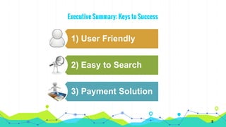 Executive Summary: Keys to Success
1) User Friendly
2) Easy to Search
3) Payment Solution
8
 