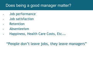 • Job performance
• Job satisfaction
• Retention
• Absenteeism
• Happiness, Health Care Costs, Etc.…
“People don’t leave jobs, they leave managers”
Working AgreementsDoes being a good manager matter?
 