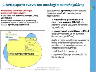 Αντισώματα έναντι του υποδοχέα
ακετυλοχολίνης υπάρχουν:
• στο 50% των ασθενών με οφθαλμική
μυασθένεια
•στο 85-90% των ασθενών με γενικευμένη
μυασθένεια (σχεδόν το 100% των περιπτώσεων με
θύμωμα) οφθαλμική μυασθένεια
Σε μυασθένεια αρνητική στα αντισώματα
έναντι του υποδοχέα ακετυλοχολίνης
παρατηρείται:
- Μυασθένεια με αντισώματα
έναντι της κινάσης (MuSK) που
πρόκειται για μια ξεχωριστή κατηγορία
της πάθησης
- οροαρνητική μυασθένεια - SNMG
(χωρίς αντισώματα με τις συνήθεις
διαγνωστικές μεθόδους)
Αυτός ο τύπος μυασθένειας φαίνεται να
ανήκει στην ίδια κατηγορία με τη
μυασθένεια με αντισώματα έναντι του
υποδοχέα ακετυλοχολίνης:
- οφθαλμική ή γενικευμένη
- συχνά συνδέεται με υπερπλασία του
θύμου αδένα
Χωρίς
αντισώματα
Με
αντισώματα
Γενικευμένη Μυασθένεια
Οφθαλμική
Με
θύμωμα
16/10/2015 39
8ο Συνέδριο Πανελλήνιας Ένωσης
Σπανίων Παθήσεων - Ίδρυμα Ευγενίδου
1.Αντισώματα έναντι του υποδοχέα ακετυλοχολίνης
 