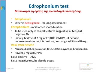 Μπλοκάρει τη δράση της ακετυλοχολινεστεράσης
• Edrophonium
• Other is neostigmine –for long assesssment.
Edrophonium –rapid onset,short duration
• To be used only in clinical features suggestive of MG ,but
negative Ab
• Initially IV dose of 2 mg of EDROPHONIUM –if definite
improvement occurs it is positive,no change additional 8 mg.
WHY TWO DOSES?
• Nausea,diarrhea,salivation,fasciculation,syncope,bradycardia.
• Have 0.6 mg ATROPINE
False positive ---AML
False negative results also do occur.
16/10/2015 53
8ο Συνέδριο Πανελλήνιας Ένωσης
Σπανίων Παθήσεων - Ίδρυμα Ευγενίδου
Edrophonium test
 