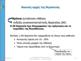 Βασικές αρχές της θεραπείας
Χρόνια αυτοάνοση πάθηση
ένδειξη ανοσοκατασταλτικής θεραπείας (ΑΚ)
Η ΑΚ θεραπεία έχει διαμορφώσει την πρόγνωση και το
παρελθόν της Μυασθένειας
Ωστόσο, η ΑΚ θεραπεία δεν εφαρμόζεται σε όλους τους ασθενείς:
• Αυτογενής ύφεση στο 10 - 20%
• Ήπιες κλινικές μορφές της πάθησης
• Ύφεση που προκλήθηκε από τη θυμεκτομή
Προσδιορίζει την
πορεία της νόσου
16/10/2015 56
8ο Συνέδριο Πανελλήνιας Ένωσης
Σπανίων Παθήσεων - Ίδρυμα Ευγενίδου
 