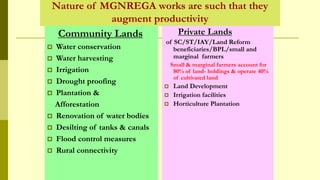 Nature of MGNREGA works are such that they
augment productivity
Community Lands
 Water conservation
 Water harvesting
 Irrigation
 Drought proofing
 Plantation &
Afforestation
 Renovation of water bodies
 Desilting of tanks & canals
 Flood control measures
 Rural connectivity
Private Lands
of SC/ST/IAY/Land Reform
beneficiaries/BPL/small and
marginal farmers
Small & marginal farmers account for
80% of land- holdings & operate 40%
of cultivated land
 Land Development
 Irrigation facilities
 Horticulture Plantation
 