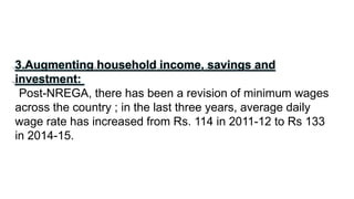 3.Augmenting household income, savings and
investment:
Post-NREGA, there has been a revision of minimum wages
across the country ; in the last three years, average daily
wage rate has increased from Rs. 114 in 2011-12 to Rs 133
in 2014-15.
 