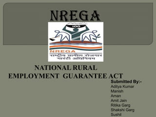 NREGA NATIONAL RURAL EMPLOYMENT  GUARANTEE ACT Submitted By:- Aditya Kumar Manish Aman Amit Jain Ritika Garg Shakshi Garg Sushil 
