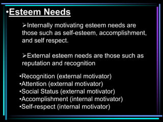 •Esteem Needs
   Internally motivating esteem needs are
   those such as self-esteem, accomplishment,
   and self respect.

   External esteem needs are those such as
   reputation and recognition

  •Recognition (external motivator)
  •Attention (external motivator)
  •Social Status (external motivator)
  •Accomplishment (internal motivator)
  •Self-respect (internal motivator)
 
