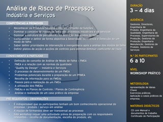 DURAÇÃO
    Análise de Risco de Processos                                                                    3 – 4 dias
    Indústria e Serviços
                                                                                                     AUDIÊNCIA
    COMPETÊNCIAS A PROMOVER                                                                          Gestores, Directores,
     •   Reconhecer os Produtos/Serviços como um conjunto de funções                                 Engenharia de
                                                                                                     Produto, Engenharia da
     •   Dominar o conceito de modos de falha nos processos industriais e de serviços                Qualidade, Engenharia de
     •   Dominar a estrutura de pensamento na definição dos modos de falha                           Processo, Supervisores da
     •   Compreender e definir de forma objectiva a Severidade, Ocorrência e Detecção de um          Produção, Gestores da
         modo de falha                                                                               Produção; Engenharia
                                                                                                     Manutenção, Gestores de
     •   Saber definir prioridades de intervenção e reengenharia após a análise dos modos de falha
                                                                                                     Produto, Gestores de
     •   Definir planos de acção e acções de controlo para eliminar/diminuir coeficiente de risco    Serviços

    CONHECIMENTO A PARTILHAR                                                                         N.º DE PARTICIPANTES

.    •   Definição do conceito de Análise de Modo de Falha – FMEA                                    6 a 10
     •   FMEA e a relação com as normas da qualidade
     •   “Quality by Design” – Indústria e Serviços
                                                                                                     NÍVEL
     •   O processo de desenvolvimento de um FMEA
                                                                                                     WORKSHOP PRÁTICO
     •   Problemas potenciais durante a preparação de um PFMEA
     •   Recolha de informação para os FMEAs
     •   Passos para a realização de um FMEA                                                         METODOLOGIA
     •   A utilização dos FMEAs
                                                                                                     Apresentação de Ideias
     •   FMEAs e os Planos de Controlo / Planos de Contingência                                      Chave
     •   Análise e realização de um caso prático da empresa                                          Exercícios práticos;
                                                                                                     Aplicação a casos práticos da
    PRÉ-REQUESITOS / OBSERVAÇÕES                                                                     empresa;

     •   É indispensável que os participantes tenham um bom conhecimento operacional do
         processo / produto / serviço em análise                                                     MATERIAIS DIDÁCTICOS
     •   A equipa de formandos deve ser transversal ao processo                                      CD com Manual e
                                                                                                     documentos de trabalho
     •   Este workshop requer uma actividade prévia de preparação com os responsáveis
                                                                                                     Certificado de Participação
         relevantes – recolha de documentação, escolha do produto, etc.
 