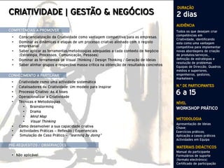 DURAÇÃO
CRIATIVIDADE | GESTÃO & NEGÓCIOS                                                           2 dias
                                                                                           AUDIÊNCIA
COMPETÊNCIAS A PROMOVER                                                                    Todos os que desejam criar
                                                                                           competências em
 •   Consciencialização da Criatividade como vantagem competitiva para as empresas.
                                                                                           Criatividade, identificando
 •   Dominar as dinâmicas e etapas de um processo criativo alinhado com o registo          esta como uma vantagem
     empresarial                                                                           competitiva para implementar
 •   Saber aplicar as ferramentas/metodologias adequadas a cada contexto de Negócio        novas abordagens de criação
     (Estratégia, Processos, Comunicação, Pessoas)                                         de produtos/serviços,,
 •   Dominar as ferramentas de Visual Thinking / Design Thinking / Geração de Ideias       definição de estratégias e
                                                                                           resolução de problemas
 •   Saber alinhar grupos e respectiva massa crítica na obtenção de resultados concretos   Equipas de Direcção, Quadros
                                                                                           médios e superiores,
CONHECIMENTO A PARTILHAR                                                                   engenheiros, gestores,
                                                                                           marketeers
 •   Criatividade como uma actividade sistemática
 •   Catalisadores da Criatividade: Um modelo para Inspirar                                N.º DE PARTICIPANTES
 •
 •
     Processo Criativo: As 4 fases
     Operacionalizar a Criatividade
                                                                                           6 a 15
 •   Técnicas e Metodologias                                                               NÍVEL
       •    Brainstorming                                                                  WORKSHOP PRÁTICO
       •    Drama
       •    Mind Map
                                                                                           METODOLOGIA
       •    Visual Thinking
                                                                                           Apresentação de Ideias
 •   Como desenvolver a sua capacidade criativa                                            Chave;
 •   Actividades Práticas – Reflexão | Experienciais                                       Exercícios práticos;
 •   Simulação de Caso Prático – “learning by doing”                                       Aplicação a casos práticos
                                                                                           Actividades em Equipa
PRÉ-REQUESITOS / OBSERVAÇÕES                                                               MATERIAIS DIDÁCTICOS
                                                                                           Manual do participante
 • Não aplicável                                                                           Formulários de suporte
                                                                                           (formato electrónico)
                                                                                           Certificado de participação
 