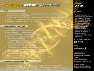 DURAÇÃO
Workshop Excelência Operacional                                                              2 dias
FOCO                                                                                        AUDIÊNCIA
 • Apresentar A Excelência Operacional como abordagem transversal de gestão e de
                                                                                             Todos os elementos da
   materialização da Qualidade Total                                                         organização que participem
 • Avaliação dos factores críticos na construção de um sistema EXOP industrial/serviços      na Criação de Execução
 • A Cultura – O nosso maior aliado | o nosso maior inimigo                                  Operacional da Estratégia
 • Reflexão – Como será o nosso EXOP System?                                                 da Organização e na
                                                                                             definição de melhores
                                                                                             práticas: Administradores e
CONHECIMENTO A PARTILHAR                                                                     Equipas de Direcção,
 •   Desafios Operacionais                                                                   Quadros médios e
                                                                                             superiores, engenheiros,
 •   Valor e Desperdício – Qual o impacto?
                                                                                             gestores de projecto,
 •   Value for Money – O nosso objectivo                                                     produto, vendas e
 •   O que é a Qualidade? – Definições e Opiniões                                            marketing de todas as áreas
 •   8 Princípios da Excelência Operacional                                                  de negócio
 •   Liderança – O Catalisador
                                                                                            N.º DE PARTICIPANTES
 •   Pessoas e Equipas – O Núcleo
 •
 •
     Processos – Os caminhos dos materiais e informações
     Clientes e Fornecedores
                                                                                            10 a 15
 •   Melhoria Contínua – O que é e o que não é                                              NÍVEL
 •   Cultura da Empresa – Condicionamentos e Hábitos
                                                                                            SENSIBILIZAÇÃO
 •   Resolução de Problemas – Quality by Design e Prevenção
 •   Dados – A fonte de conhecimento
 •   Ferramentas da Qualidade e de Gestão                                                   METODOLOGIA
 •   A Variação – O nosso maior inimigo industrial                                          Apresentação de Ideias
 •   OPEX – Roadmap de Implementação                                                        Chave;
                                                                                            Exercícios práticos;
PRÉ-REQUESITOS / OBSERVAÇÕES                                                                MATERIAIS DIDÁCTICOS
                                                                                            CD com Manual e
 • Os participantes devem levar para este workshop bom-senso, boa disposição,               documentos de trabalho
   vontade de reflectir sobre a empresa, espirito crítico construtivo e abertura (nem que   Certificado de Participação
   seja parcial) ao brainstorming e sugestões que poderão surgir
 