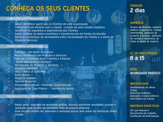 DURAÇÃO
CONHEÇA OS SEUS CLIENTES                                                                  2 dias
COMPETÊNCIAS A PROMOVER
 •   Saber identificar quem são os Clientes de uma organização                            AUDIÊNCIA
 •   Comunicar com eficácia com o cliente - criação de uma relação empática               Grupos de direcção, quadros
 •   Identificar os requisitos e expectativas dos Clientes                                médios e superiores, chefias
 •   Saber analisar os dados recolhidos e transforma-los em fontes de decisão             intermédias, gestores de
                                                                                          projecto e produto, gestores
 •   Dominar o processo de alinhamento entre necessidades do Cliente e a oferta de
                                                                                          de vendas e marketing, de
     Produtos/Serviços                                                                    todas as áreas de negócio

CONHECIMENTO A PARTILHAR

 •   Clientes – Um factor Disruptivo                                                      N.º DE PARTICIPANTES
 •   Novas tendências em Produtos e Serviços
 •   Relação Conflituosa entre Clientes e Empresa                                         8 a 15
 •   “Quem são os meus clientes?”
 •   Percepções de Produtos e Serviços
 •   Business VOX|POP                                                                     NÍVEL
 •   VOC – Voice of Customer
 •   Kano Model
                                                                                          WORKSHOP PRÁTICO
 •   Mapa da Empatia
 •   Service Blueprint
                                                                                          METODOLOGIA
 •   Actividades Práticas – Reflexão | Experienciais
                                                                                          Apresentação de Ideias
 •   Simulação de Caso Prático – “learning by doing”
                                                                                          Chave;
                                                                                          Exercícios práticos;
PRÉ-REQUESITOS / OBSERVAÇÕES / COMENTÁRIOS                                                Aplicação a casos práticos
                                                                                          Actividades em Equipa

 •   Regra geral, este tipo de workshop prático alcança melhores resultados quando é      MATERIAIS DIDÁCTICOS
     realizada uma recolha de exemplos reais da própria empresa.
 •   Essa recolha deverá ser planeada e realizada alguns dias antes da realização desta   CD com Manual e
                                                                                          documentos de trabalho
     sessão
                                                                                          Certificado de Participação
 
