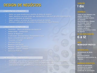 DURAÇÃO
DESIGN DE NEGÓCIOS                                                                               1 dia
COMPETÊNCIAS A PROMOVER                                                                          AUDIÊNCIA
 •   Definir as novas tendências e puzzles do plano de negócio                                   Todos os que desejam criar,
 •   Saber identificar as áreas chave que representam a estrutura de uma organização ou          adaptar, melhorar ou
     projecto individual de negócios                                                             redefinir os seus modelos
 •   Saber construir um plano de negócios através do Canvas                                      de negócios:
                                                                                                 Administradores e Equipas
 •   Dominar a utilização de elementos e ferramentas de Visual Thinking
                                                                                                 de Direcção, Quadros
                                                                                                 médios e superiores,
CONHECIMENTO A PARTILHAR                                                                         gestores de projecto,
                                                                                                 produto, vendas e
 •   Ybusiness – Novos paradigmas nos Negócios                                                   marketing de todas as áreas
 •   Simplicidade = Sofisticação                                                                 de negócio
 •   Design de Negócios                                                                          N.º DE PARTICIPANTES
     Criatividade | Brainstorming | Pensamento Visual
                                                                                                 6 a 12
 •
 •   Novas competências dos gestores
 •   “Encarnar o Cliente”
 •   Business Canvas                                                                             NÍVEL
 •   Negócio é um Puzzle                                                                         WORKSHOP PRÁTICO
 •   Negócio = Valor + Eficiência
 •   Negócio = Logica + Emoção
                                                                                                 METODOLOGIA
 •   Exercícios Práticos
                                                                                                 Apresentação de Ideias
                                                                                                 Chave;
                                                                                                 Exercícios práticos;
PRÉ-REQUESITOS / OBSERVAÇÕES                                                                     Aplicação a casos práticos da
                                                                                                 empresa;
 •   Regra geral, este tipo de workshop prático alcança melhores resultados quando é
     realizada uma recolha de exemplos reais da própria empresa.                                 MATERIAIS DIDÁCTICOS
 •   Essa recolha deverá ser planeada e realizada alguns dias antes da realização desta sessão   Manual do participante
                                                                                                 Formulários de suporte
                                                                                                 (formato electrónico)
                                                                                                 Certificado de participação
 