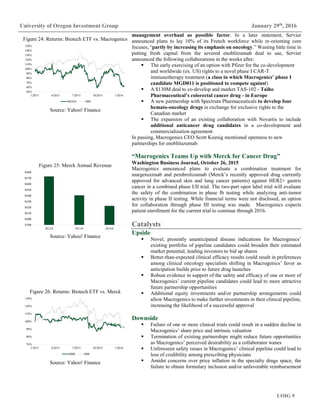 UOIG 9
University of Oregon Investment Group January 29th
, 2016
management overhaul as possible factor. In a later statement, Servier
announced plans to lay 10% of its French workforce while re-orienting core
focuses, “partly by increasing its emphasis on oncology.” Wasting little time in
putting fresh capital from the severed enoblitzumab deal to use, Servier
announced the following collaborations in the weeks after:
▪ The early exercising of an option with Pfizer for the co-development
and worldwide (ex. US) rights to a novel phase I CAR-T
immunotherapy treatment (a class in which Macrogenics’ phase I
candidate MGD011 is positioned to compete against)
▪ A $130M deal to co-develop and market TAS-102 - Taiho
Pharmaceutical’s colorectal cancer drug - in Europe
▪ A new partnership with Spectrum Pharmaceuticals to develop four
hemato-oncology drugs in exchange for exclusive rights to the
Canadian market
▪ The expansion of an existing collaboration with Novartis to include
additional anticancer drug candidates in a co-development and
commercialization agreement
In passing, Macrogenics CEO Scott Koenig mentioned openness to new
partnerships for enoblituzumab.
“Macrogenics Teams Up with Merck for Cancer Drug”
Washington Business Journal, October 26, 2015
Macrogenics announced plans to evaluate a combination treatment for
margetuximab and pembrolizumab (Merck’s recently approved drug currently
approved for advanced skin and lung cancer patients) against HER2+ gastric
cancer in a combined phase I/II trial. The two-part open label trial will evaluate
the safety of the combination in phase Ib testing while analyzing anti-tumor
activity in phase II testing. While financial terms were not disclosed, an option
for collaboration through phase III testing was made. Macrogenics expects
patient enrollment for the current trial to continue through 2016.
Catalysts
Upside
▪ Novel, presently unanticipated disease indications for Macrogenics’
existing portfolio of pipeline candidates could broaden their estimated
market potential, leading investors to bid up shares
▪ Better-than-expected clinical efficacy results could result in preferences
among clinical oncology specialists shifting in Macrogenics’ favor as
anticipation builds prior to future drug launches
▪ Robust evidence in support of the safety and efficacy of one or more of
Macrogenics’ current pipeline candidates could lead to more attractive
future partnership opportunities
▪ Additional equity investments and/or partnership arrangements could
allow Macrogenics to make further investments in their clinical pipeline,
increasing the likelihood of a successful approval
Downside
▪ Failure of one or more clinical trials could result in a sudden decline in
Macrogenics’ share price and intrinsic valuation
▪ Termination of existing partnerships might reduce future opportunities
as Macrogenics’ perceived desirability as a collaborator wanes
▪ Unforeseen safety issues in Macrogenics’ clinical pipeline could lead to
loss of credibility among prescribing physicians
▪ Amidst concerns over price inflation in the specialty drugs space, the
failure to obtain formulary inclusion and/or unfavorable reimbursement
Figure 24: Returns: Biotech ETF vs. Macrogenics
Source: Yahoo! Finance
Figure 25: Merck Annual Revenue
Source: Yahoo! Finance
Figure 26: Returns: Biotech ETF vs. Merck
Source: Yahoo! Finance
50%
60%
70%
80%
90%
100%
110%
120%
130%
140%
150%
1/2015 4/2015 7/2015 10/2015 1/2016
MGNX IBB
$39B
$40B
$41B
$42B
$43B
$44B
$45B
$46B
$47B
$48B
2012A 2013A 2014A
70%
80%
90%
100%
110%
120%
130%
1/2015 4/2015 7/2015 10/2015 1/2016
MRK IBB
 