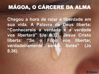 MÁGOA, O CÁRCERE DA ALMA
Chegou a hora de raiar a liberdade em
sua vida. A Palavra de Deus liberta:
“Conhecereis a verdade e a verdade
vos libertará” (Jo 8.32). Jesus Cristo
liberta: “Se o Filho vos libertar,
verdadeiramente sereis livres” (Jo
8.36).
 