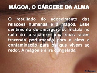 MÁGOA, O CÁRCERE DA ALMA
O resultado do adoecimento das
relações humanas é a mágoa. Esse
sentimento de amargura se instala no
solo do coração e lança suas raízes
trazendo perturbação para a alma e
contaminação para os que vivem ao
redor. A mágoa é a ira congelada.
 