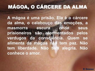 MÁGOA, O CÁRCERE DA ALMA
A mágoa é uma prisão. Ela é o cárcere
da alma, o calabouço das emoções, a
masmorra escura onde seus
prisioneiros são atormentados pelos
verdugos da consciência. Quem se
alimenta da mágoa não tem paz. Não
tem liberdade. Não tem alegria. Não
conhece o amor.
 