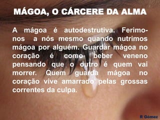 MÁGOA, O CÁRCERE DA ALMA
A mágoa é autodestrutiva. Ferimo-
nos a nós mesmo quando nutrimos
mágoa por alguém. Guardar mágoa no
coração é como beber veneno
pensando que o outro é quem vai
morrer. Quem guarda mágoa no
coração vive amarrado pelas grossas
correntes da culpa.
 