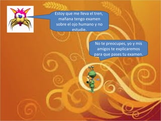Estoy que me lleva el tren,  mañana tengo examen sobre el ojo humano y no estudie. No te preocupes, yo y mis amigos te explicaremos para que pases tu examen. 